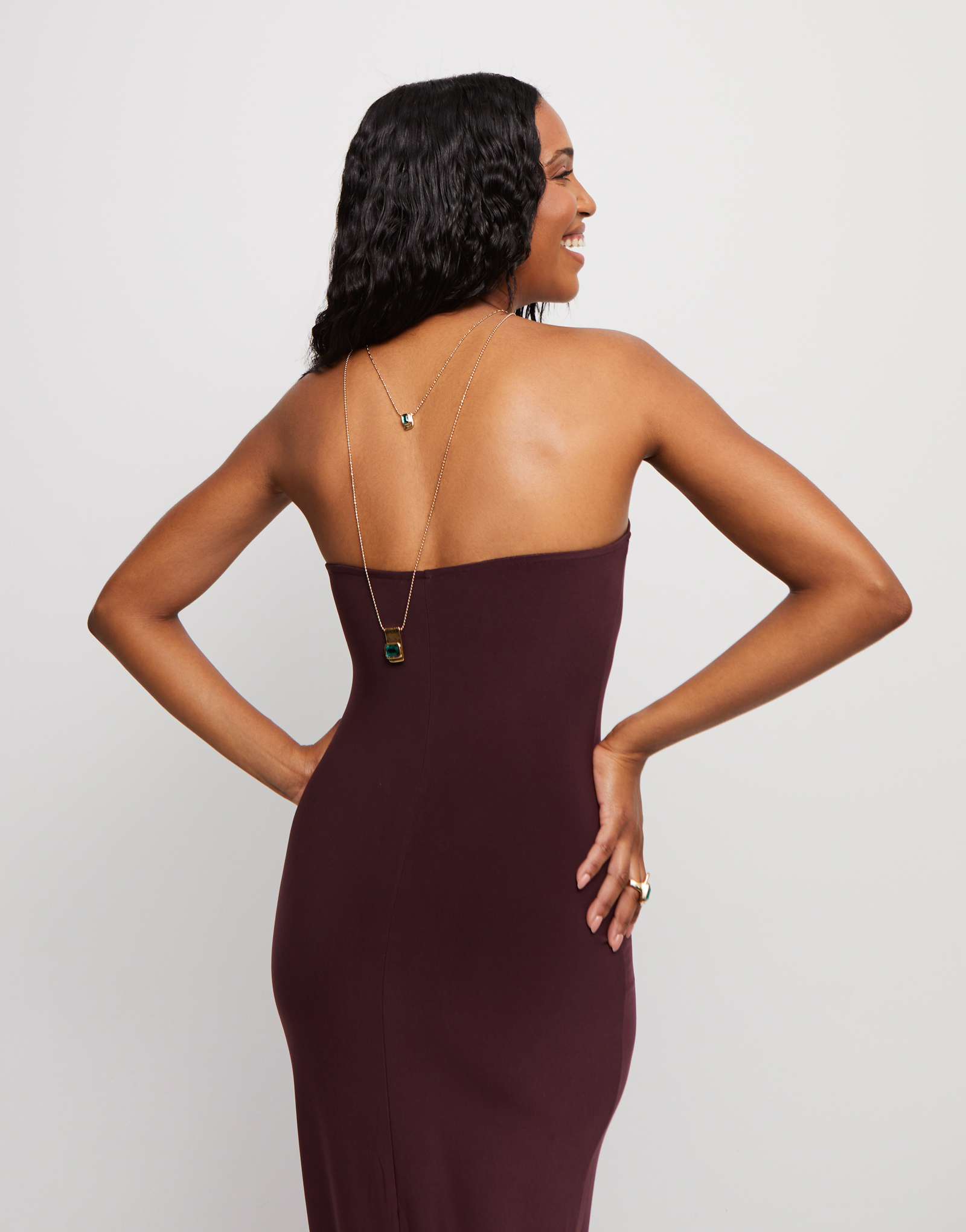 Double strand chain necklace with green crystals, Golden, large thumbnail